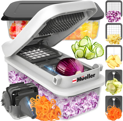 Mueller Pro-Series All-in-One, 12 Blade Mandoline Slicer for Kitchen, Food Chopper, Vegetable Slicer and Spiralizer, Cutter, Dicer, Grater, Kitchen Gadgets Sets with Container, White Sand/Gray