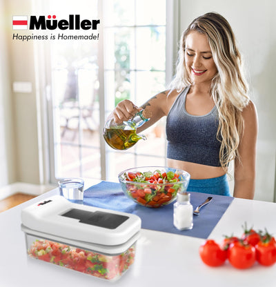 Mueller Pro-Series All-in-One, 12 Blade Mandoline Slicer for Kitchen, Food Chopper, Vegetable Slicer and Spiralizer, Cutter, Dicer, Grater, Kitchen Gadgets Sets with Container, White Sand/Gray